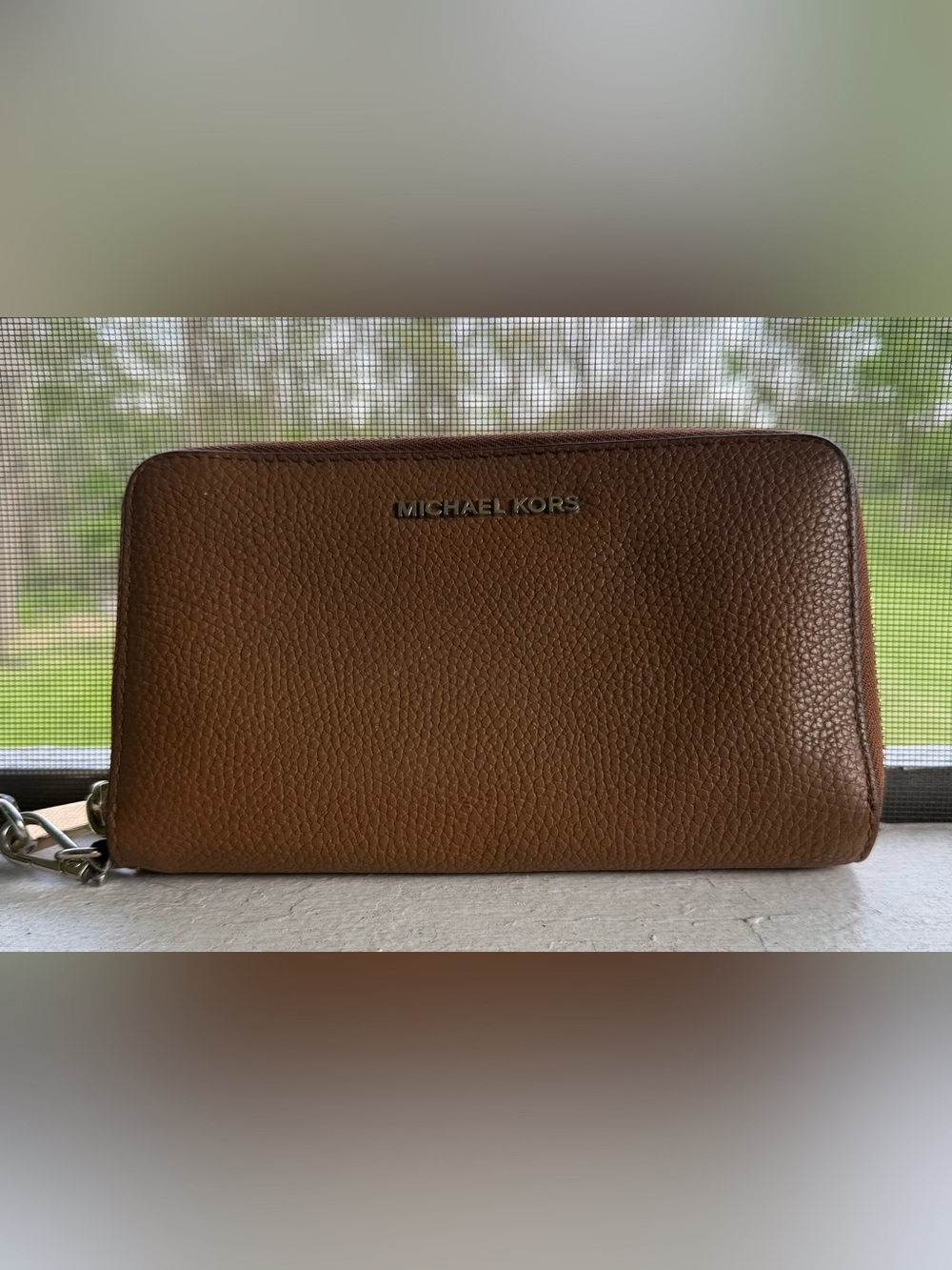 Michael Kors Cognac Pebbled Leather Zip Wallet Wristlet/Phone Holder